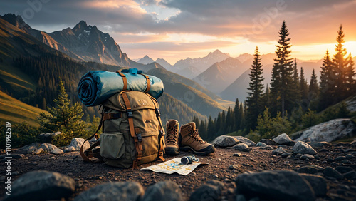 Hiking Gear Ready for Sunrise Adventure in Mountains photo