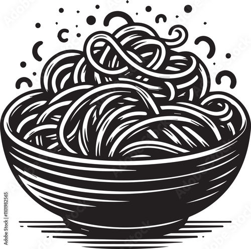 Stylish black and white illustration of pasta in a bowl. A bold, graphic illustration of a bowl overflowing with pasta, in a stylized, black and white design.