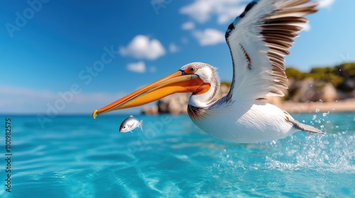 A pelican is seen elegantly in flight with the backdrop of clear blue waters and a distant shoreline, depicting a scene of natural grace and adventure in the wild.