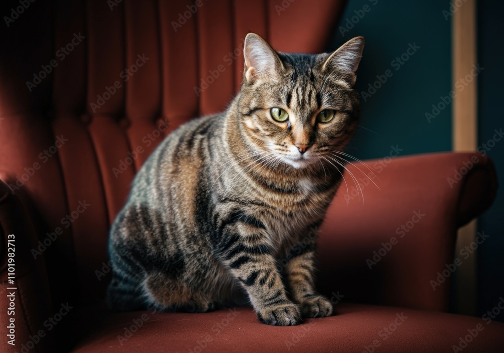 Tabby Cat Sitting on a Velvet Chair Tabby Cat Sitting on a Velvet Chair
