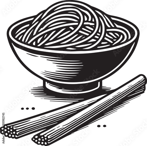 Stylish black and white illustration of pasta in a bowl. A bold, graphic illustration of a bowl overflowing with pasta, in a stylized, black and white design.