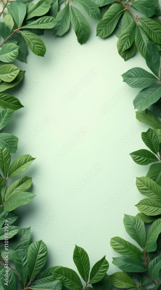 Fototapeta premium Floral frame template. Green leaves border. Leaf frame banner