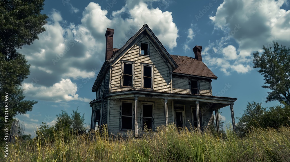 Abandoned Victorian house in overgrown field under a cloudy sky. Abandoned Victorian house in overgrown field under a cloudy sky.