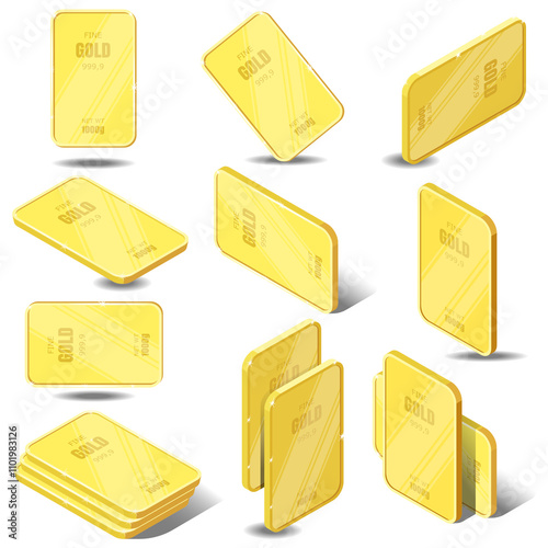 A collection of isometric gold bars arranged on a white background