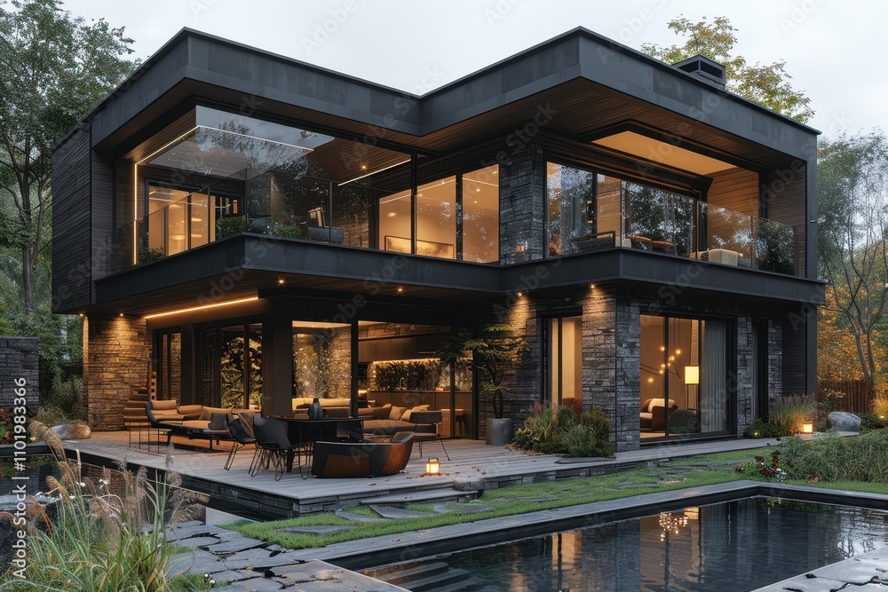 Obraz premium Modern Minimalist Two-Story Black Cabin with Outdoor Dining and Pool