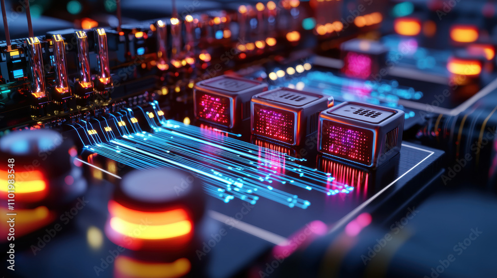 Data Flow Process Integration Concept. A vibrant close-up of a circuit board showcasing colorful LEDs and intricate electronic components. Data Flow Process Integration Concept. A vibrant close-up of a circuit board showcasing colorful LEDs and intricate electronic components.