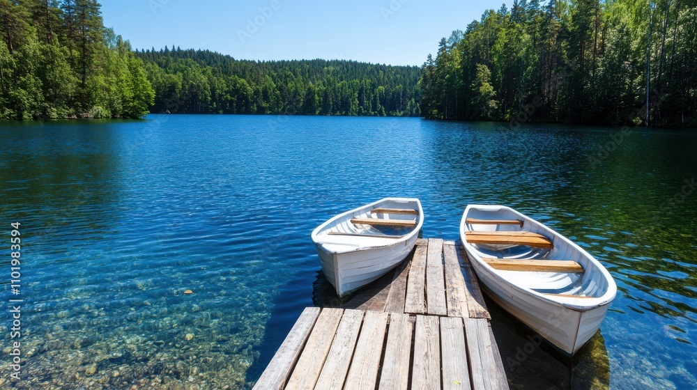Paired rowboats float alongside a wooden dock on an exceptionally clear lake enclosed by green forests, displaying nature's beauty on a sunny, cloudless day. Paired rowboats float alongside a wooden dock on an exceptionally clear lake enclosed by green forests, displaying nature's beauty on a sunny, cloudless day.