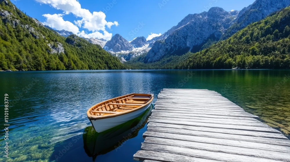 A single wooden boat floats on a green lake enveloped by expansive mountain ranges, offering a spectacular nature scene under a clear, bright blue sky. A single wooden boat floats on a green lake enveloped by expansive mountain ranges, offering a spectacular nature scene under a clear, bright blue sky.