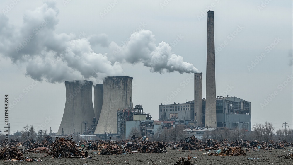 Industrial power station emitting dark smoke amid desolate wasteland Industrial power station emitting dark smoke amid desolate wasteland