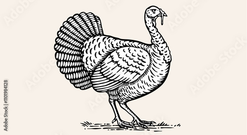 Turkey. Vintage retro print, black white turkey drawing, engrave old school style. Sketch artwork silhouette turkey on white background. Side view profile. Vector Illustration