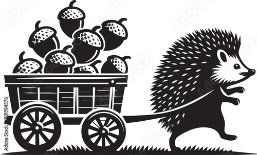 A hedgehog pulling a wagon full of acorns vector silhouette