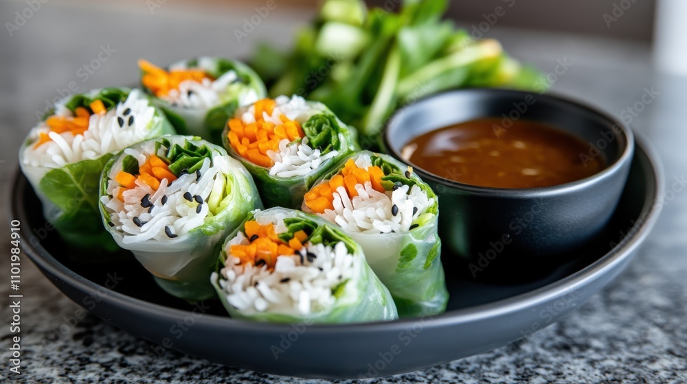 Delicious fresh vegetable rolls neatly arranged and paired with a savory dipping sauce, presented on a dark bowl conveying a sense of health and freshness. Delicious fresh vegetable rolls neatly arranged and paired with a savory dipping sauce, presented on a dark bowl conveying a sense of health and freshness.