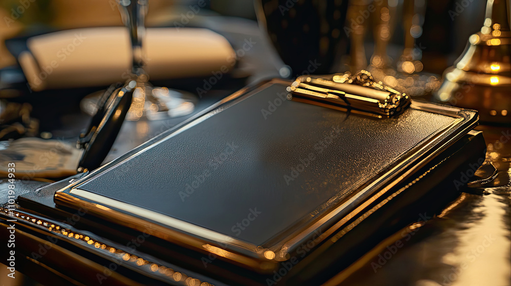 Elegant Gold Trimmed Leather Menu On Table Elegant Gold Trimmed Leather Menu On Table