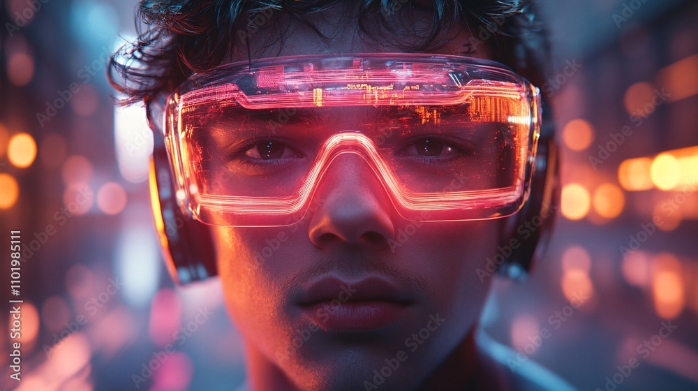 A handsome man wearing headphones and neon glasses, in a cyberpunk style, set in a night scene with a cool color scheme and a glowing cityscape background. The image features futuristic fashion elemen A handsome man wearing headphones and neon glasses, in a cyberpunk style, set in a night scene with a cool color scheme and a glowing cityscape background. The image features futuristic fashion elemen
