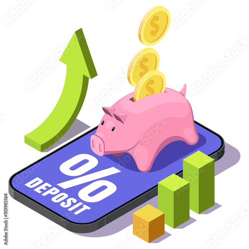 Isometric illustration of a piggy bank with emerging coins. The concept of an interest-bearing deposit