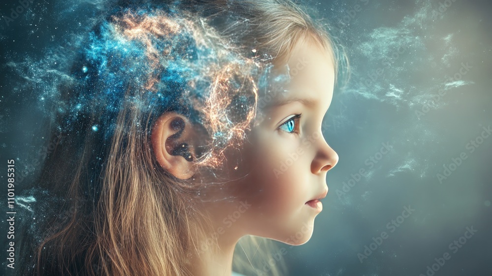 Girl with glowing brain, profile view. Girl with glowing brain, profile view.