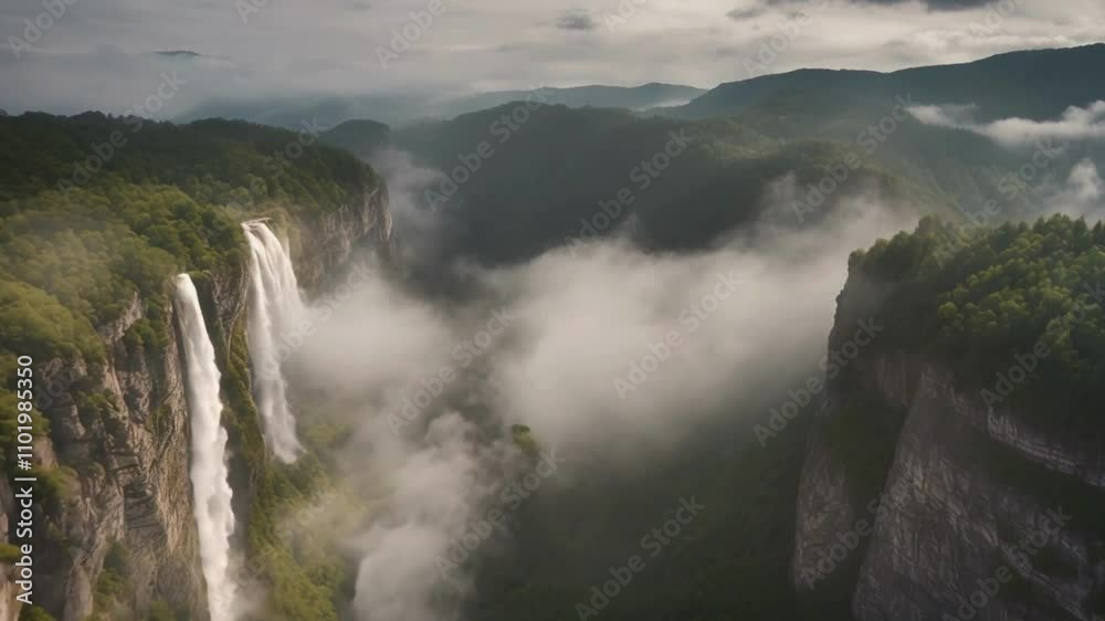 Ethereal Fog-Shrouded Cliff and Waterfall with Majestic Mountain Backdrop 4K Video , fog in the mountains hd video Ethereal Fog-Shrouded Cliff and Waterfall with Majestic Mountain Backdrop 4K Video , fog in the mountains hd video