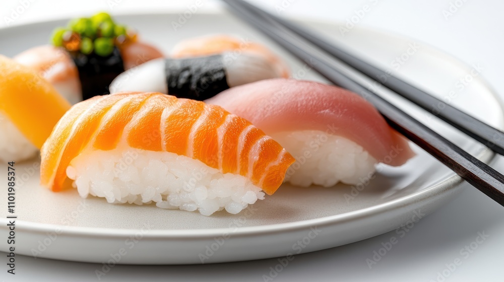 An enticing selection of colorful sushi, featuring fresh ingredients like salmon and tuna, artfully plated on a circular dish for an exquisite taste adventure. An enticing selection of colorful sushi, featuring fresh ingredients like salmon and tuna, artfully plated on a circular dish for an exquisite taste adventure.