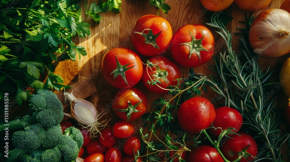 Fresh red tomatoes and green herbs on a rustic wooden surface Fresh red tomatoes and green herbs on a rustic wooden surface