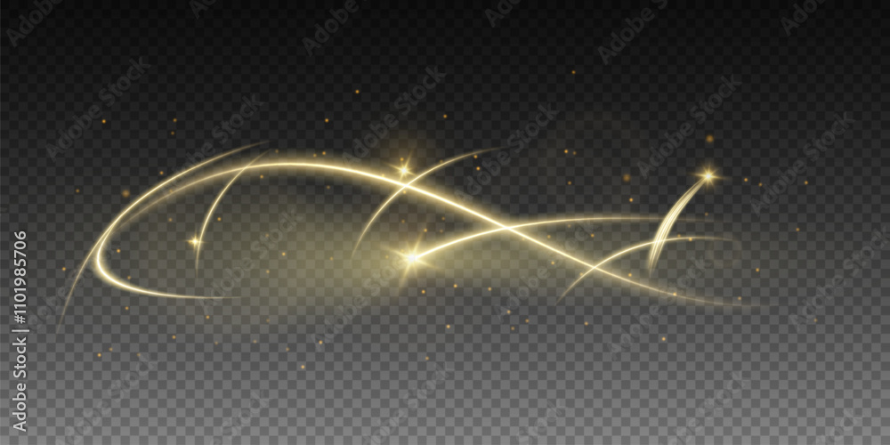 Vector png background with gold glowing lines. Gold glowing lines of speed. Light glow effect. Light trail wave, fire trail line and glow curve swirl.