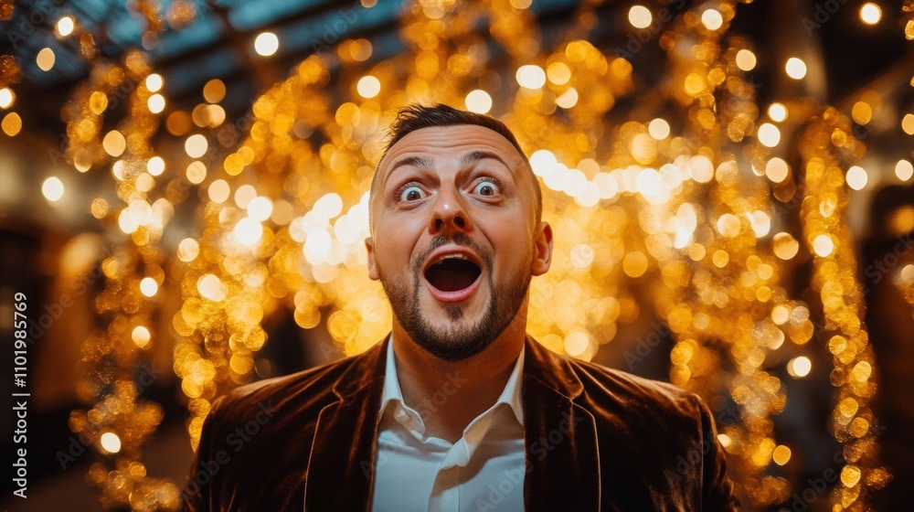 Excited Man Surrounded by Glowing Lights