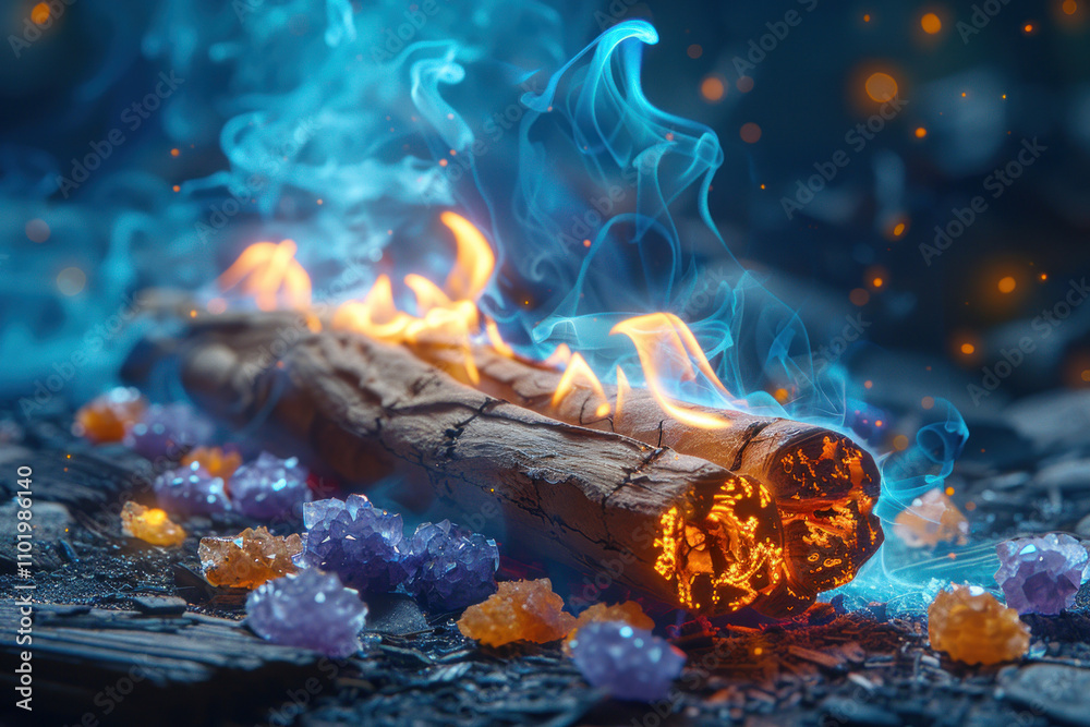 a wooden burning log surrounded by a mysterious blue flame. The flames appear almost ethereal, with curling smoke creating a mystical atmosphere. a wooden burning log surrounded by a mysterious blue flame. The flames appear almost ethereal, with curling smoke creating a mystical atmosphere.