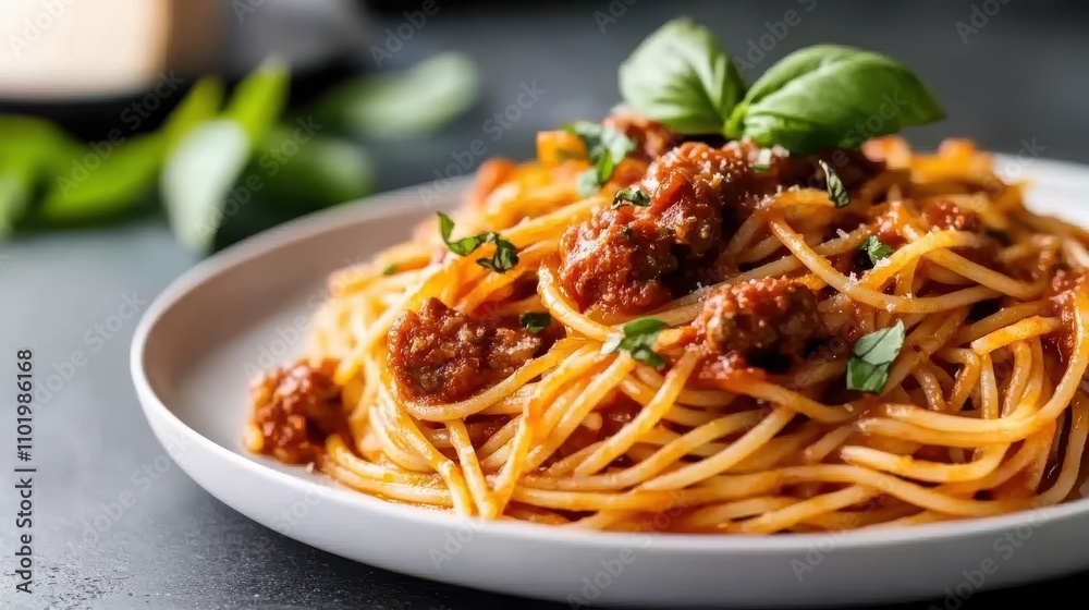 A detailed close-up of spaghetti interwoven with rich meat sauce and decorated with fresh basil leaves, highlighting the texture and flavor in an elegant presentation. A detailed close-up of spaghetti interwoven with rich meat sauce and decorated with fresh basil leaves, highlighting the texture and flavor in an elegant presentation.