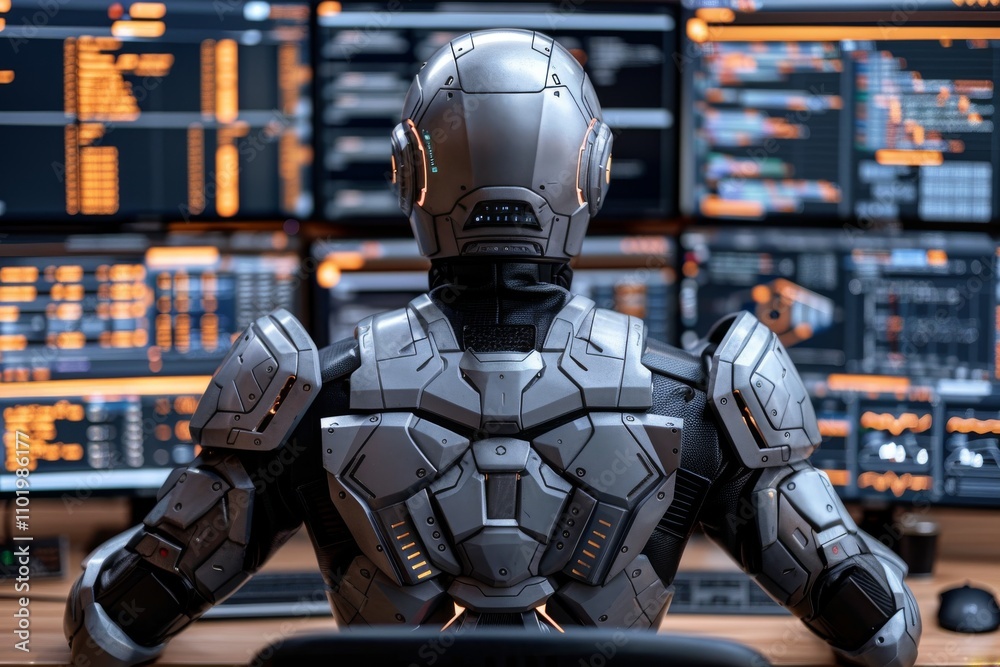 Futuristic robot operates multiple screens displaying complex data in a high-tech environment during a late night shift Futuristic robot operates multiple screens displaying complex data in a high-tech environment during a late night shift