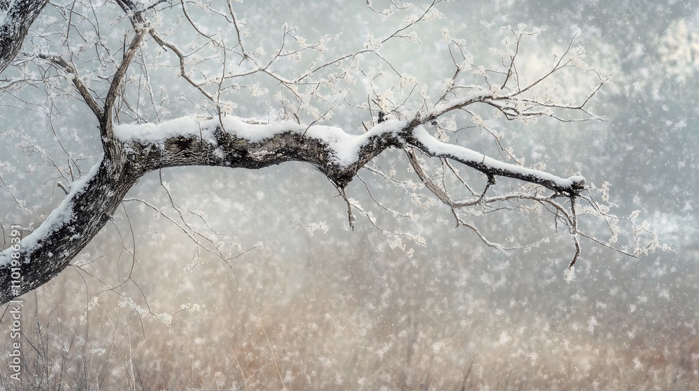 Snow-covered tree branch against a blurred winter background. Snow-covered tree branch against a blurred winter background.