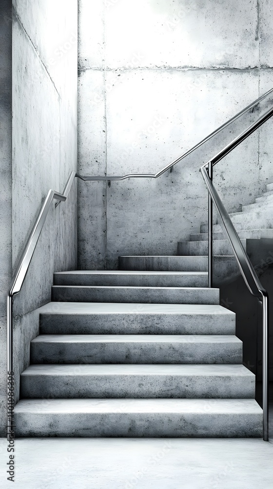 Fototapeta premium A modern concrete staircase with stainless steel railings in a minimalistic setting.