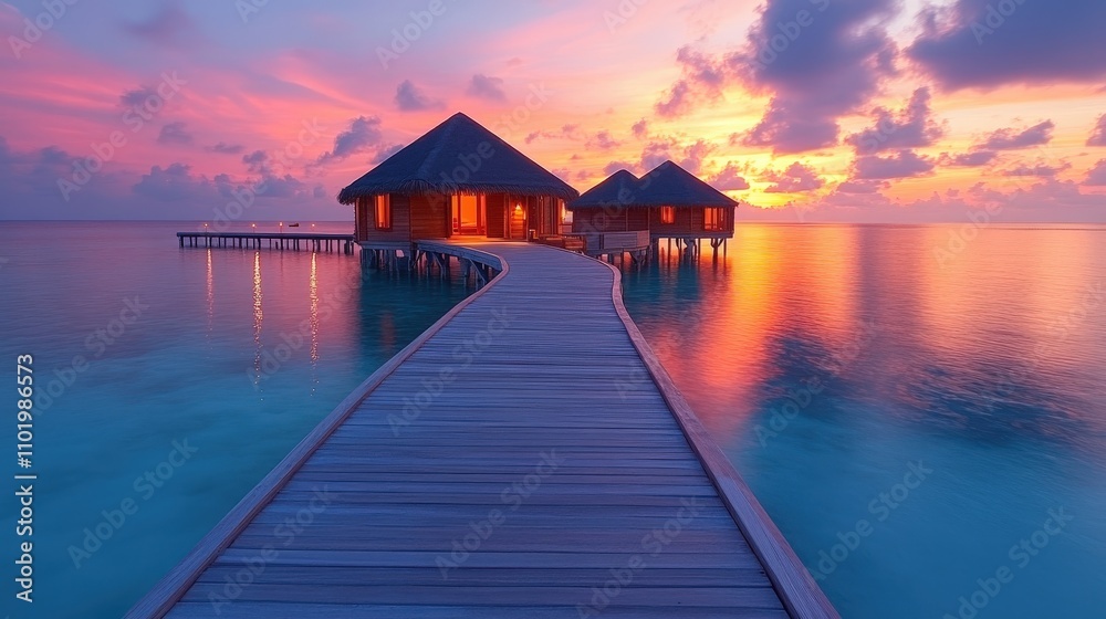Serene sunset over water bungalows with a wooden walkway. Serene sunset over water bungalows with a wooden walkway.