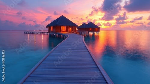 Serene sunset over water bungalows with a wooden walkway.