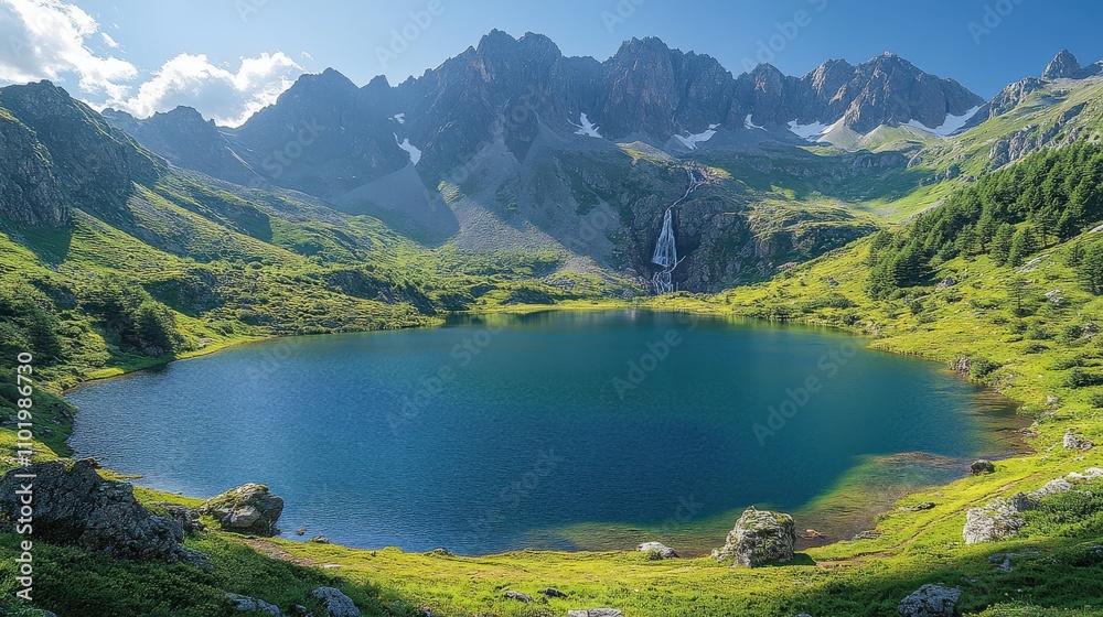Serene mountain landscape featuring a clear lake surrounded by lush greenery and peaks. Serene mountain landscape featuring a clear lake surrounded by lush greenery and peaks.