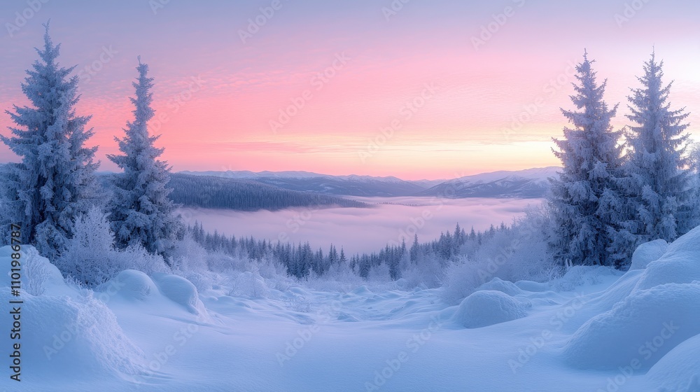 Serene winter landscape at dawn with snow-covered trees and a misty valley below. Serene winter landscape at dawn with snow-covered trees and a misty valley below.