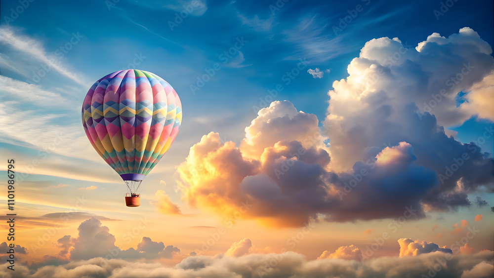 Fototapeta premium Gradient Sky with Easter Egg Hot Air Balloon and Wide Copy Space. Perfect for: Easter, Outdoor celebrations, Imaginative projects