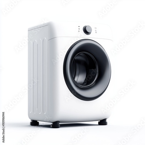 A modern washing machine with a sleek white design and a large black door, perfect for showcasing home appliances in advertisements, product listings, or instructional materials on laundry care, photo