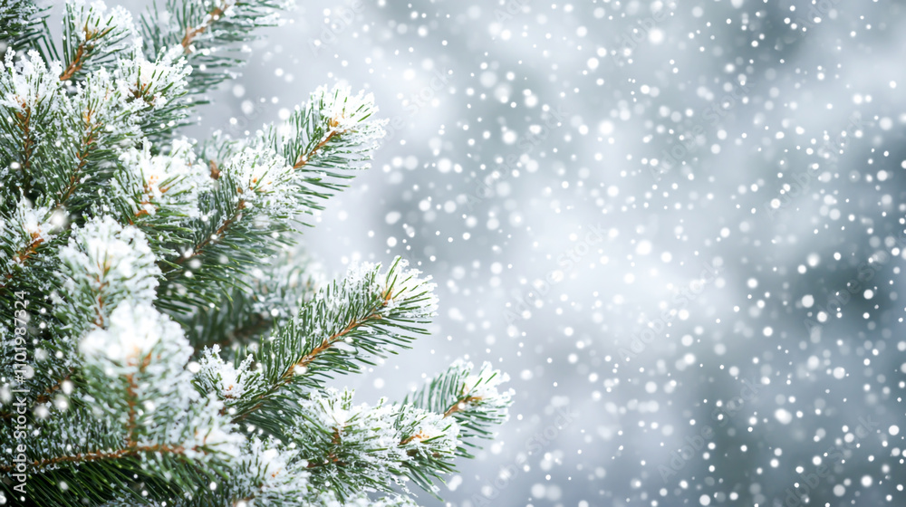 A beautiful Christmas background with green fir branches and snowflakes on a gray background, with ample copy space. Snow is falling, creating a white and silver color palette with a soft A beautiful Christmas background with green fir branches and snowflakes on a gray background, with ample copy space. Snow is falling, creating a white and silver color palette with a soft