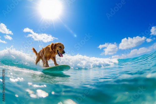 Golden retriever surfing waves, enjoying a fun tropical adventure