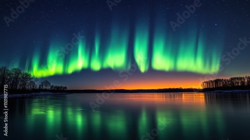 Stunning aurora borealis over a tranquil lake at dusk, reflecting vibrant colors.