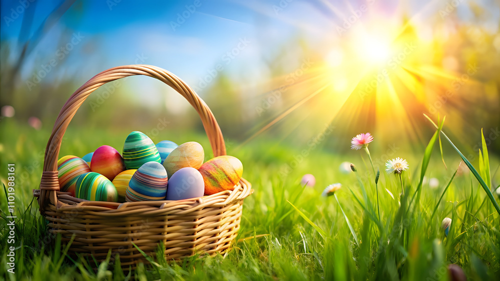 Grassy Meadow with Rainbow Easter Egg Basket and Side Copy Space. Perfect for: Easter, Spring celebrations, Family picnics Grassy Meadow with Rainbow Easter Egg Basket and Side Copy Space. Perfect for: Easter, Spring celebrations, Family picnics