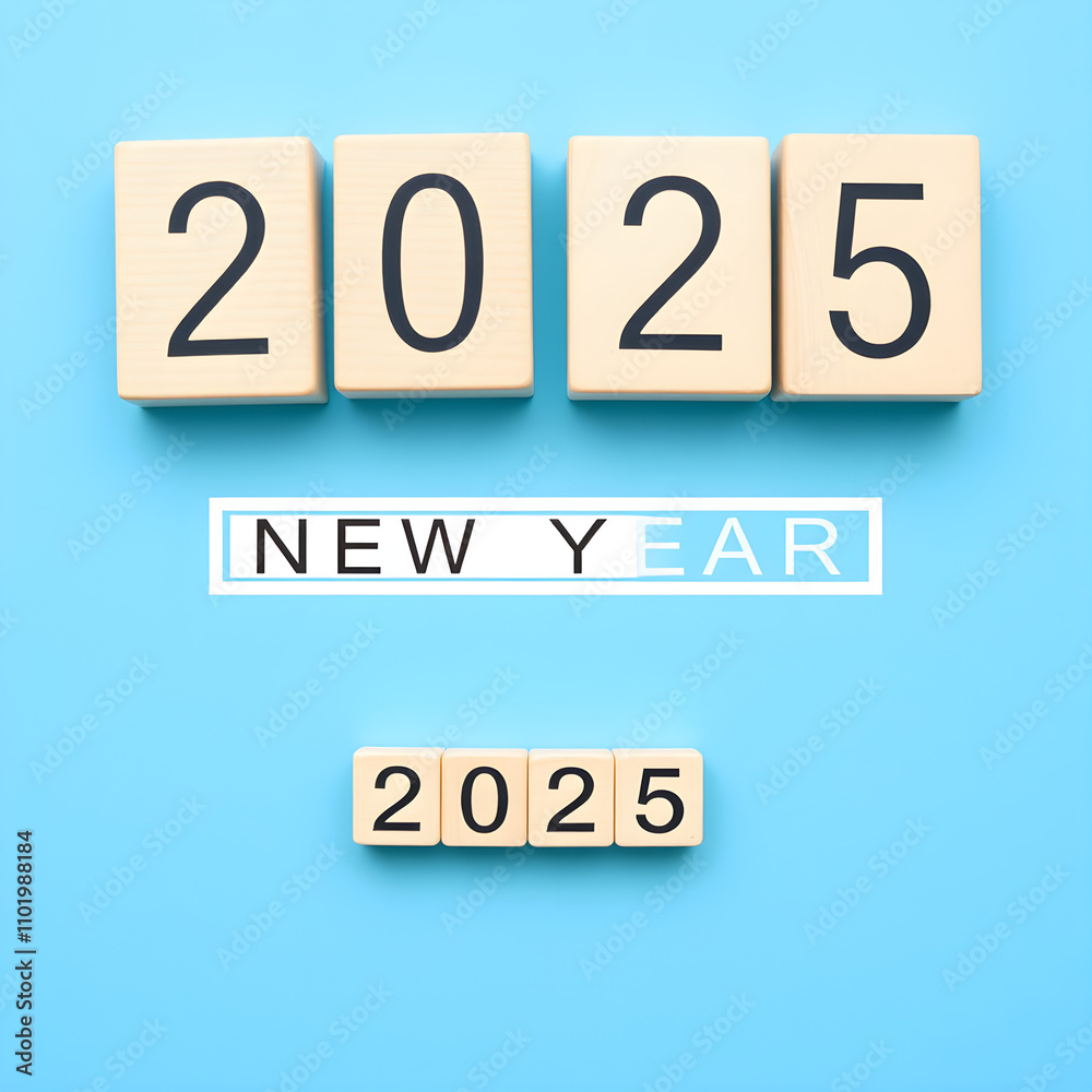 2025 New Year Loading. Loading bar with wooden blocks 2025 on blue background. 2025 New Year Loading. Loading bar with wooden blocks 2025 on blue background.