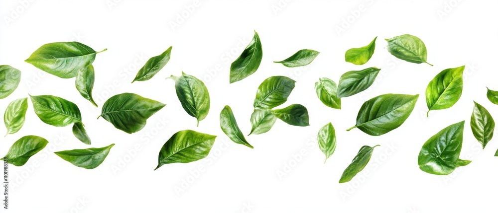 Collection of random green leaves falling in the air isolated on white background Collection of random green leaves falling in the air isolated on white background