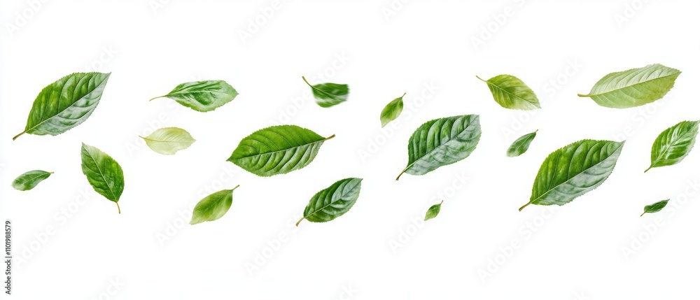 Collection of random green leaves falling in the air isolated on white background Collection of random green leaves falling in the air isolated on white background