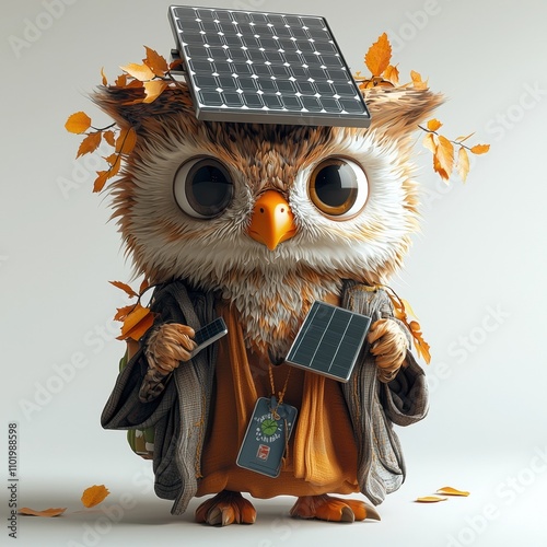 Solar Owl Graduate: A whimsical illustration of a cute owl wearing a graduation cap adorned with solar panels, holding a solar panel in its hand. The owl is dressed in a brown robe and has a backpack. photo