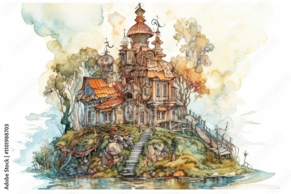 a fairytale house standing on top of a green hill surrounded by water. a fairytale house standing on top of a green hill surrounded by water.