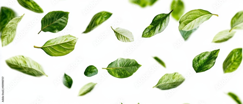 Collection of random green leaves falling in the air isolated on white background Collection of random green leaves falling in the air isolated on white background