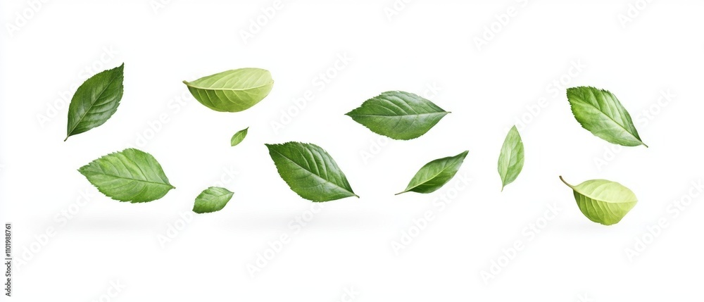 Collection of random green leaves falling in the air isolated on white background