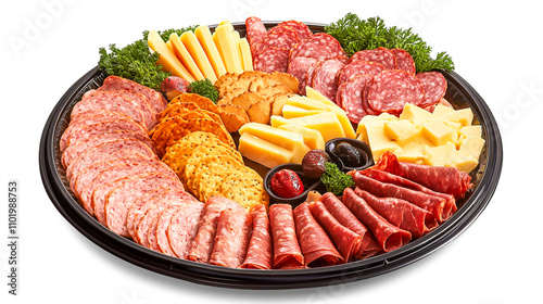 A party platter featuring an assortment of sliced meats and cheeses, arranged in a traditional style