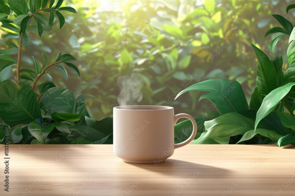 Serene white mug of coffee resting on wooden table with steam rising, surrounded by lush foliage in the backdrop Serene white mug of coffee resting on wooden table with steam rising, surrounded by lush foliage in the backdrop