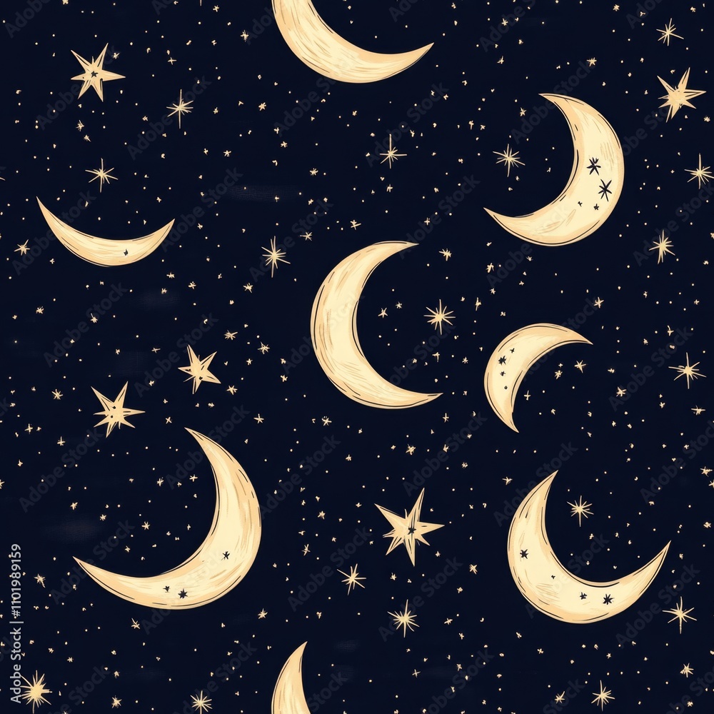 Naklejka premium Celestial Night Sky Pattern with Moons and Stars